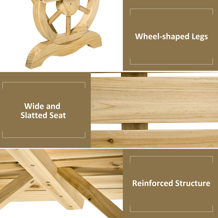 2-Person Garden Bench Rustic Wooden Outdoor Bench with Wheel-Shaped Legs Slatted Seat for Patio Natural Wood Effect