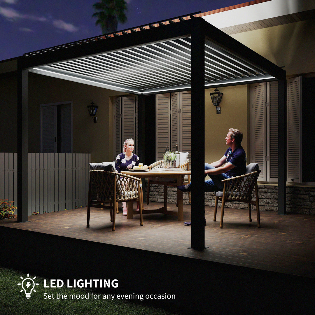 3 x 3(m) Electric Louvered Pergola with LED Lights, Aluminium Pergola Hardtop Gazebo with Remote, Adjustable Roof and Drainage System, Water and UV Proof