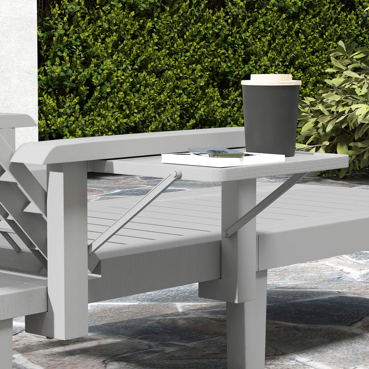Set of 2 Resin Reclining Sun Loungers for Garden, 5 Positions Adjustable Outdoor Chaise Lounge Chairs with Wood Texture Surface, Armrests, Foldable Side Table for Garden, Beach, Light Grey