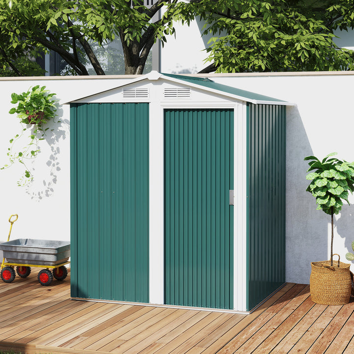 Garden Metal Tool Storage Shed with Sliding Door, Sloped Roof and Floor Foundation, 152 x 132 x 188cm, Green
