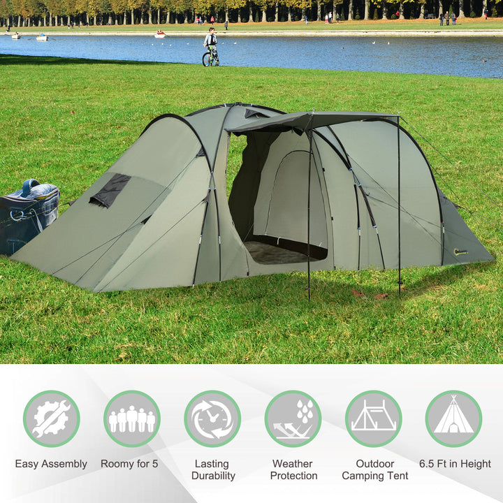 Outsunny Spacious 5 Man Camping Gazebo, Waterproof Tent with Rainfly, 3 Comfortable Rooms, Easy Transport with Carry Bag, Green