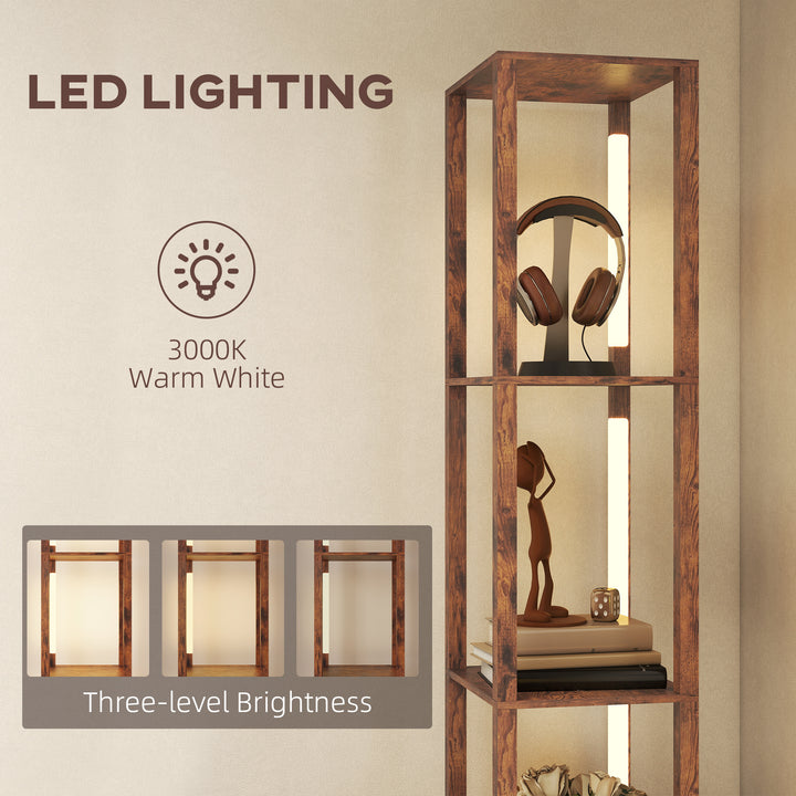 Floor Lamp with Shelves, LED Column Modern Standing Lamp with Fabric Drawer, Adjustable Brightness, Foot Switch for Living Room, Bedroom, Office, Rustic Brown