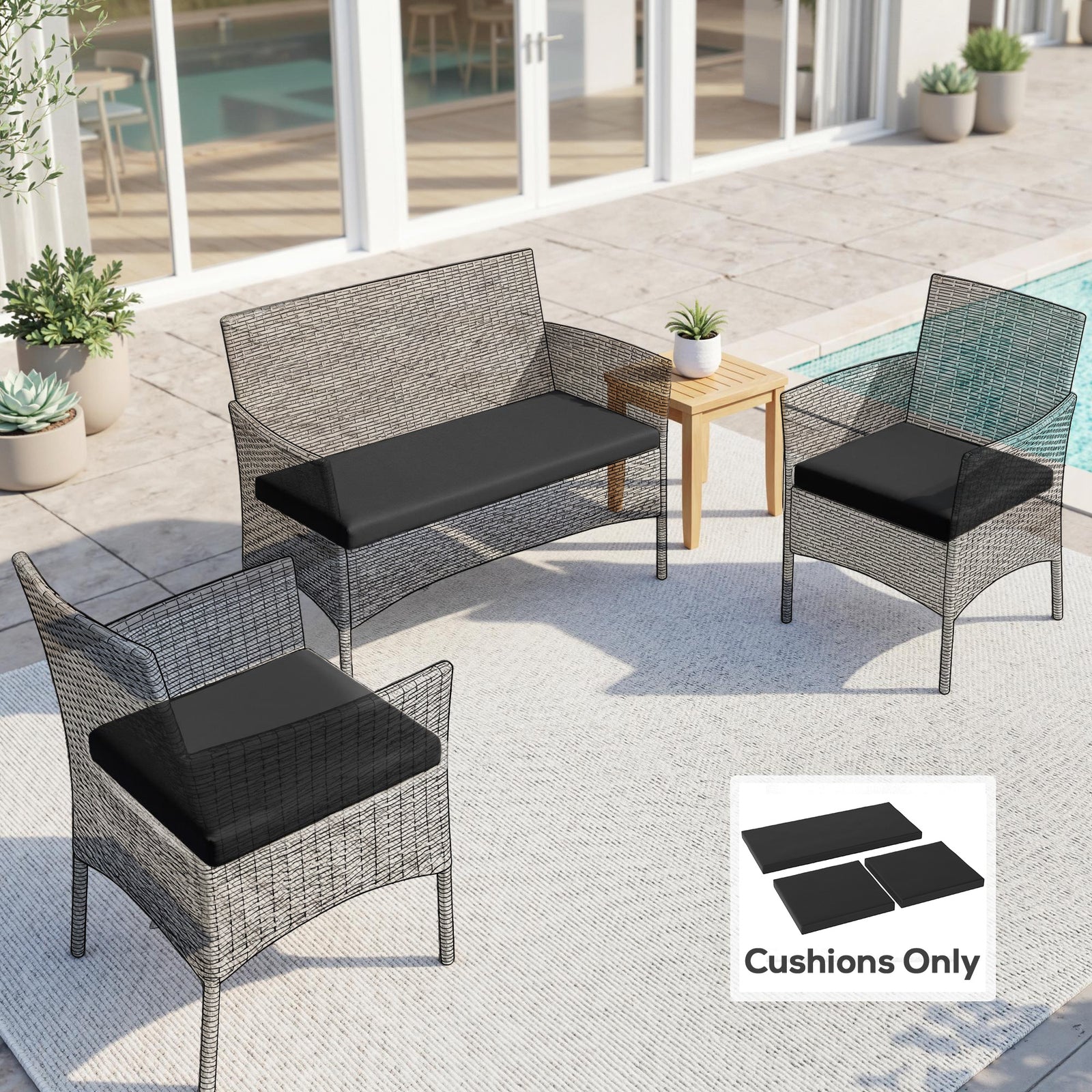 Outdoor Seat Cushion Pads for Rattan Furniture, 3 PCs Garden Furniture