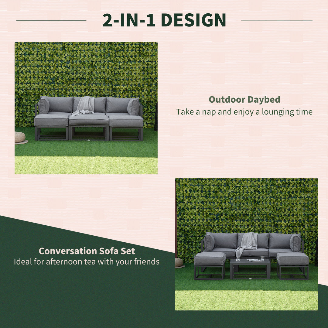 Outsunny Garden Daybed, 6 Piece Outdoor Sectional Sofa Set, Aluminum Patio Conversation Furniture Set with Coffee Table, Footstool and Cushions, Grey