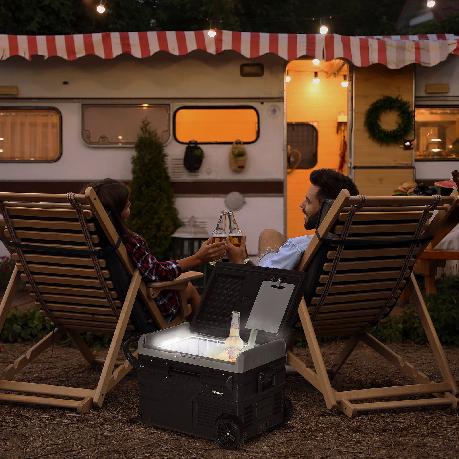 40L Car Refrigerator, Portable Compressor Cooler Box, Fridge Freezer w/ Inner LED Light, Foldable Handles, Cup Holders, 12/24V DC and 110-240V AC for Campervan RV Boat Travel Down to -20℃