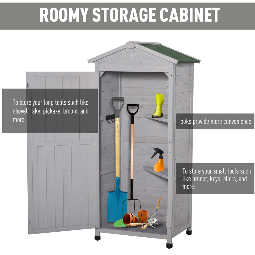Wooden Garden Shed, Outdoor Storage Cabinet with 2 Shelves and Hooks, Locking Organiser Outdoor Narrow Tool House, 74x55x155cm, Grey