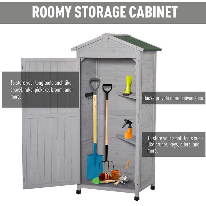 Wooden Garden Shed, Outdoor Storage Cabinet with 2 Shelves and Hooks, Locking Organiser Outdoor Narrow Tool House, 74x55x155cm, Grey