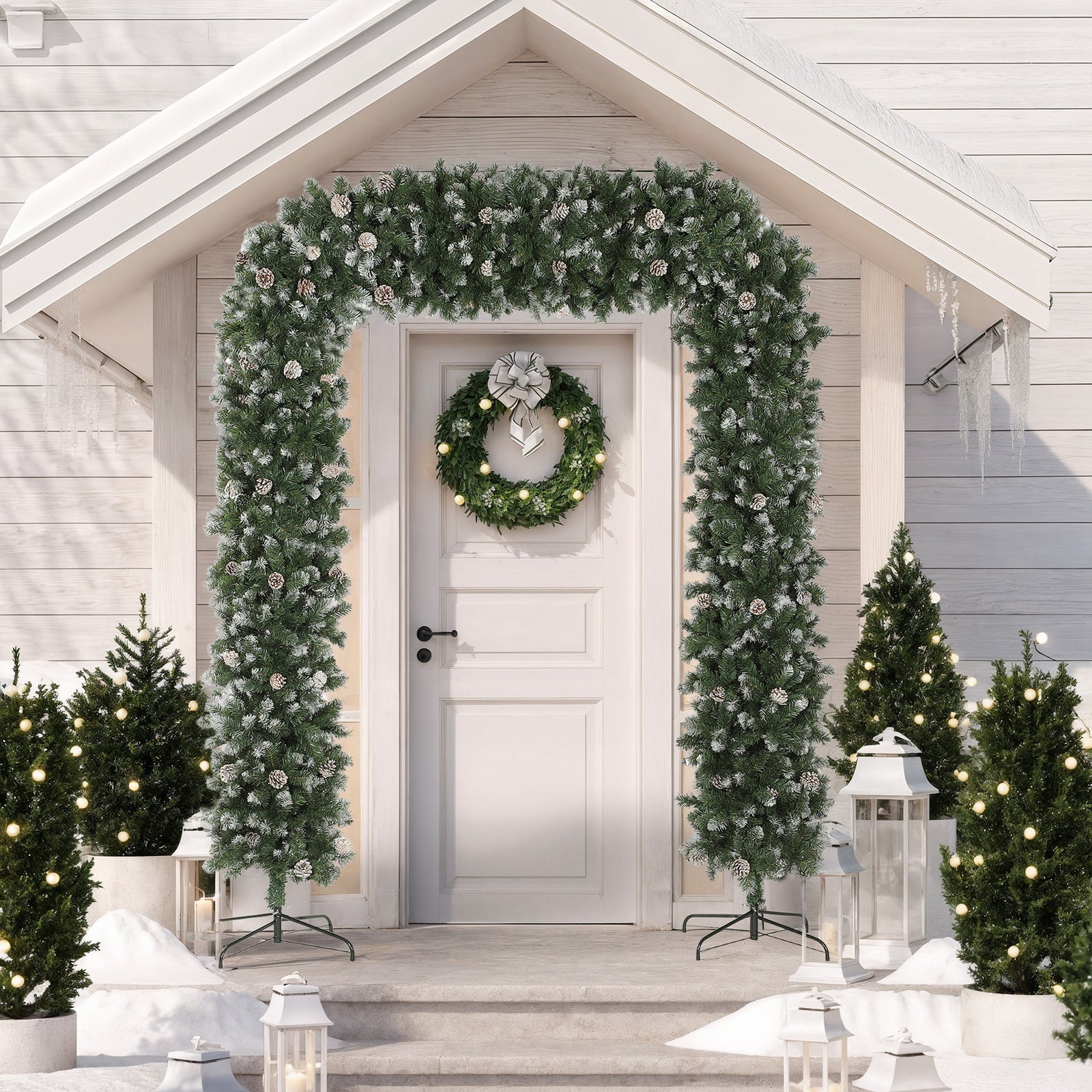 HOMCOM 8.2 ft Snow Frosted Christmas Tree Arch, Christmas Arch Doorway Decor with 1800 Tips and 91 Pinecones, Artificial Xmas Tree with Metal Stand for Indoor, Green