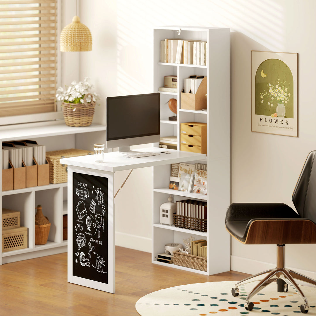 Wall Mounted Computer Desk, Folding Study Table with Black Board and Bookshelf, Multifunctional Floating Writing Desk for Home Office, White