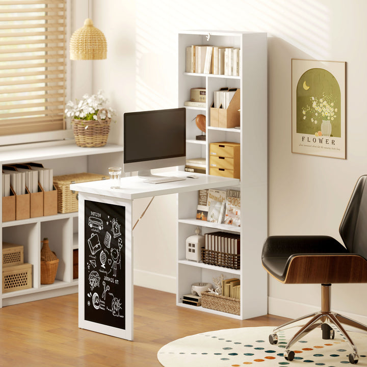 Wall Mounted Computer Desk, Folding Study Table with Black Board and Bookshelf, Multifunctional Floating Writing Desk for Home Office, White