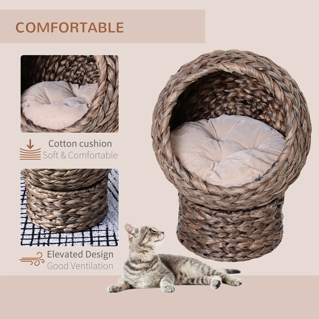 PawHut Wicker Cat Bed, Raised Rattan Cat Basket with Cylindrical Base, Soft Washable Cushion, 42 x 33 x 52cm - Brown | Aosom UK