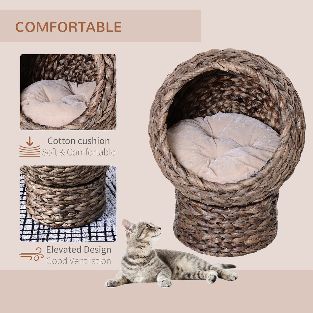 PawHut Wicker Cat Bed, Raised Rattan Cat Basket with Cylindrical Base, Soft Washable Cushion, 42 x 33 x 52cm