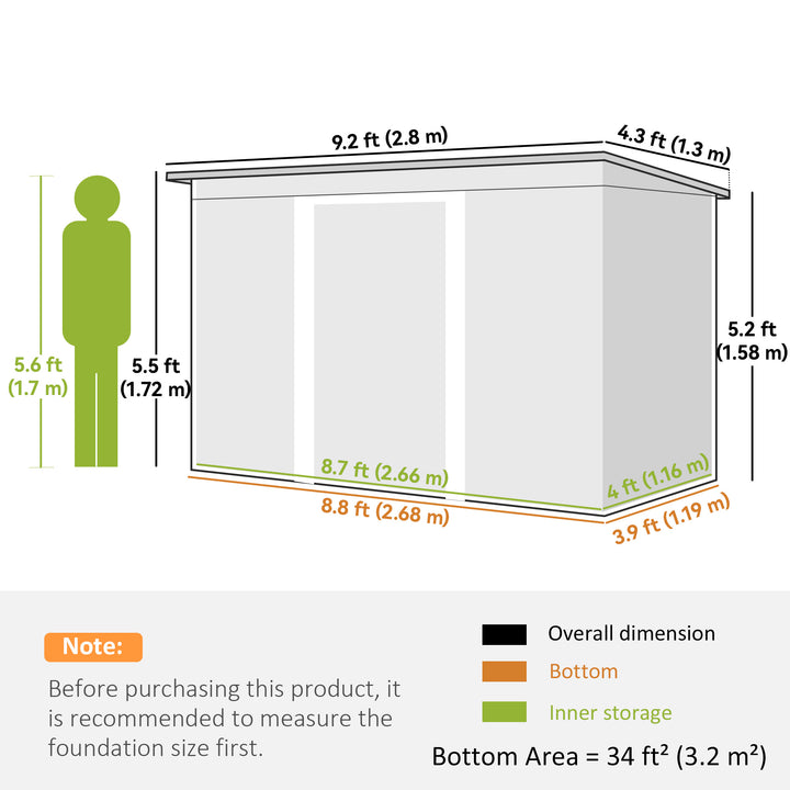 MCL 9ft x 4ft Metal Garden Shed, Outdoor Tool House with Foundation Kit, Ventilations and Double Doors, Light Green