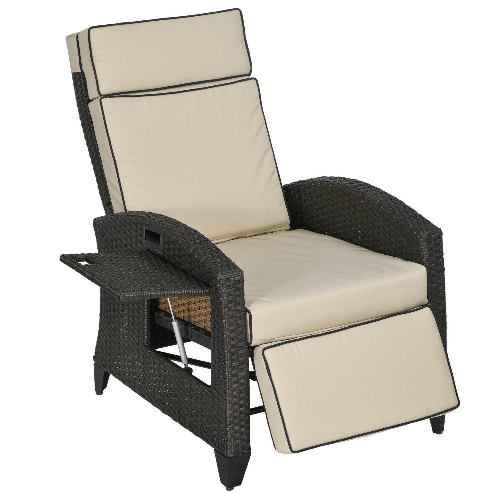 Outdoor Recliner Chair with Adjustable Backrest and Footrest, Cushion, Side Tray, Khaki/Brown