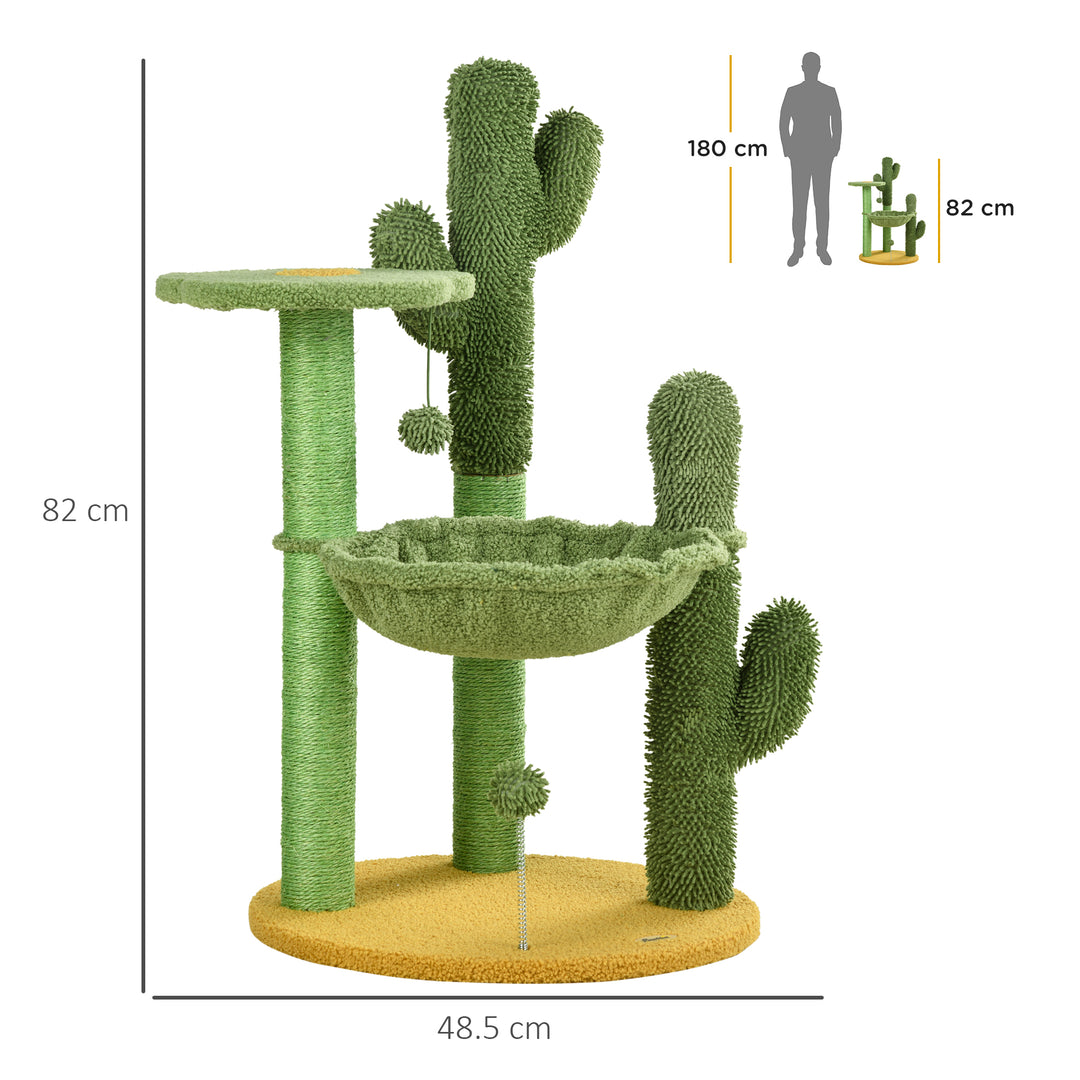 PawHut Cactus Cat Tree: Playful 82cm Chenille with Scratching Post & Hammock, Vibrant Green | Aosom UK