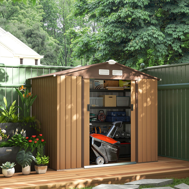 MCL 7 x 4ft Lockable Metal Garden Tool Storage Shed, Outdoor Storage Shed with Foundation and vents, Light Brown