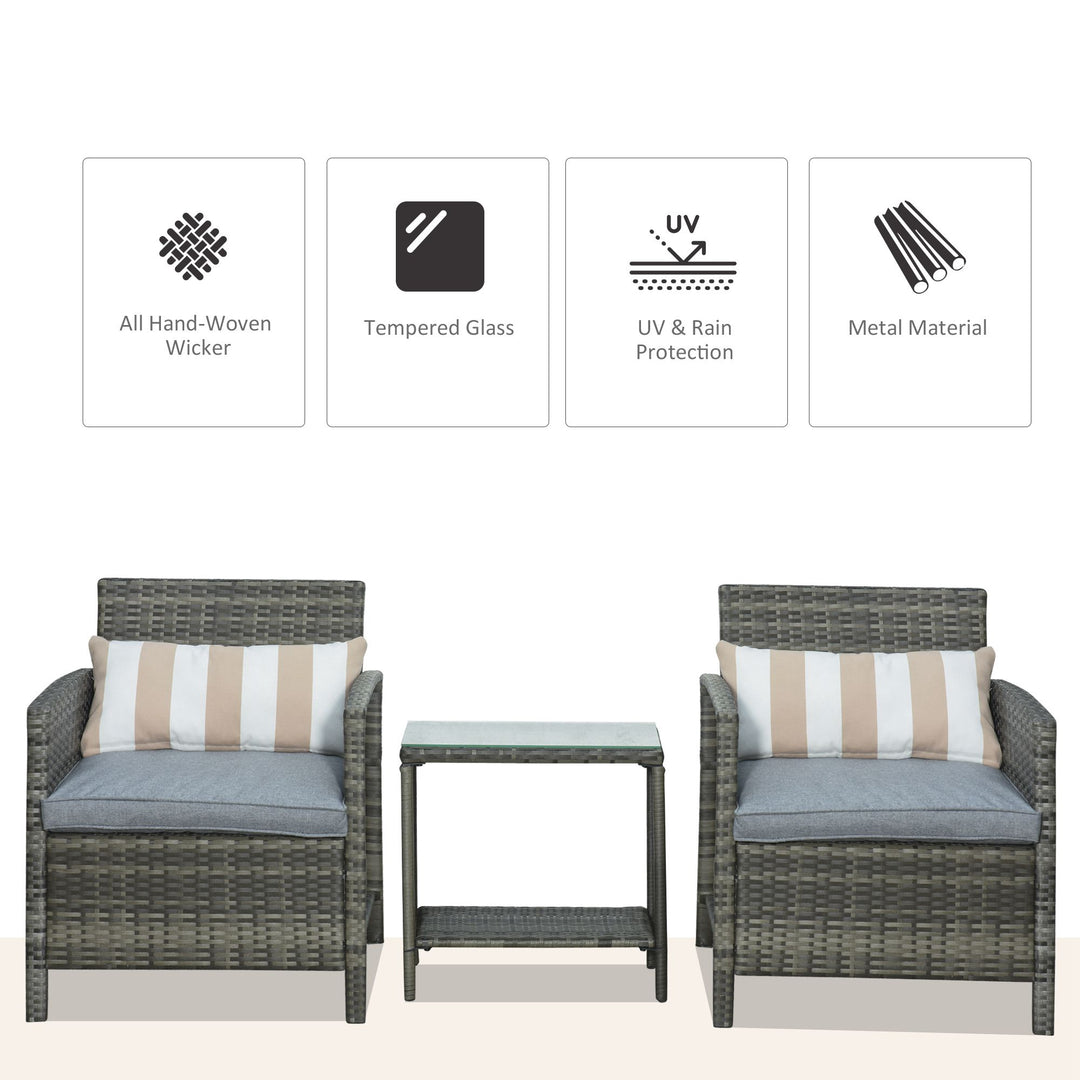 3 Pieces Rattan Bistro Set, Wicker Garden Furniture Set, Glass Top 2-tier Coffee Table and Chairs Set with Pillows and Washable Cushions for Outdoor, Patio, Balcony, Grey
