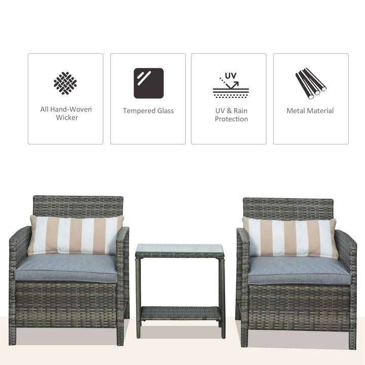 3 Pieces Rattan Bistro Set, Wicker Garden Furniture Set, Glass Top 2-tier Coffee Table and Chairs Set with Pillows and Washable Cushions for Outdoor, Patio, Balcony, Grey