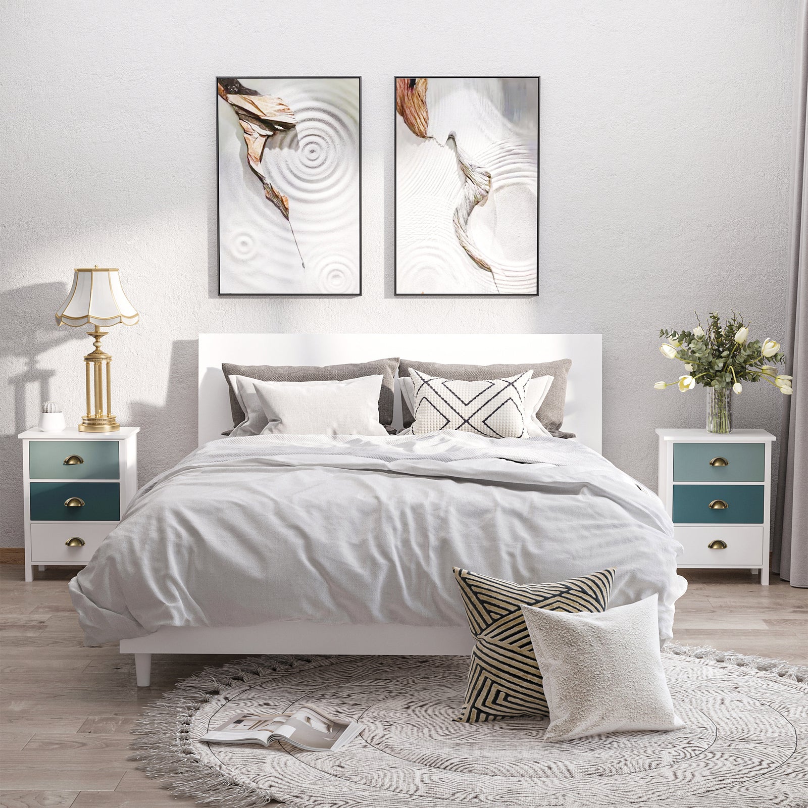 Bedside Table Set of 2 Chest of 3 Drawers Shabby Chic Nightstands with Metal Handle Sofa Side Table for Living Room, Bedroom,Grey and blue