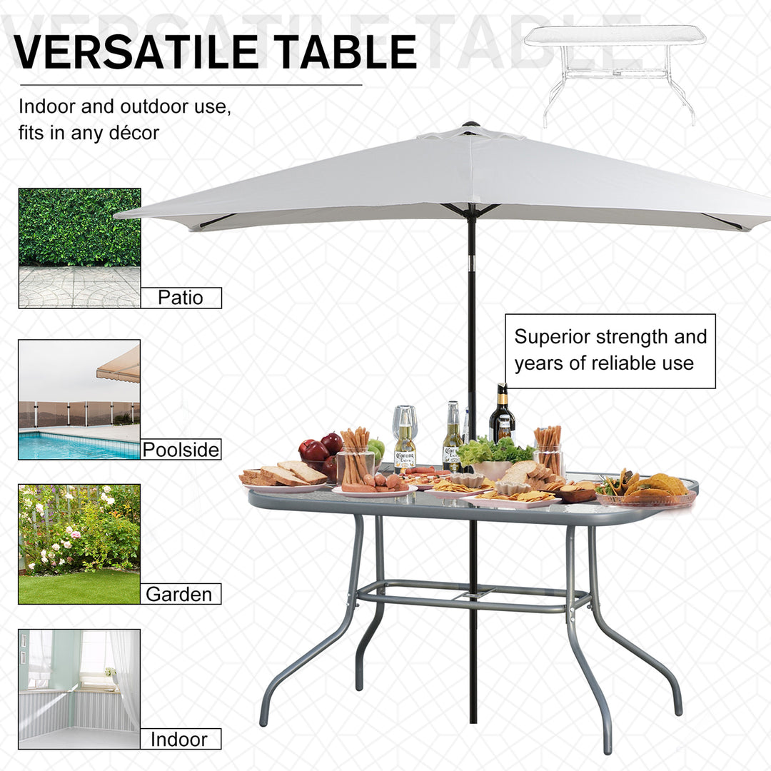 Outsunny Aquatex Glass Garden Table Curved Metal Frame w/ Parasol Hole 4 Legs Outdoor Dining Sturdy Balcony Friends Family Tempered Grey | Aosom UK