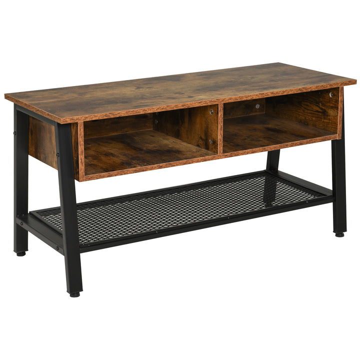 TV Stand Cabinet, Industrial TV Unit for TVs up to 45", 100cm TV Cabinet with 2 Open Compartments and Mesh Bottom Shelf for Living Room, Rustic Brown