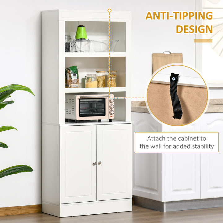 Kitchen Cupboard with 6-tier Shelving, Freestanding Storage Cabinet, Pantry Cupboard with 3 Open Compartments and Double-door Cabinet with Adjustable Shelves, White