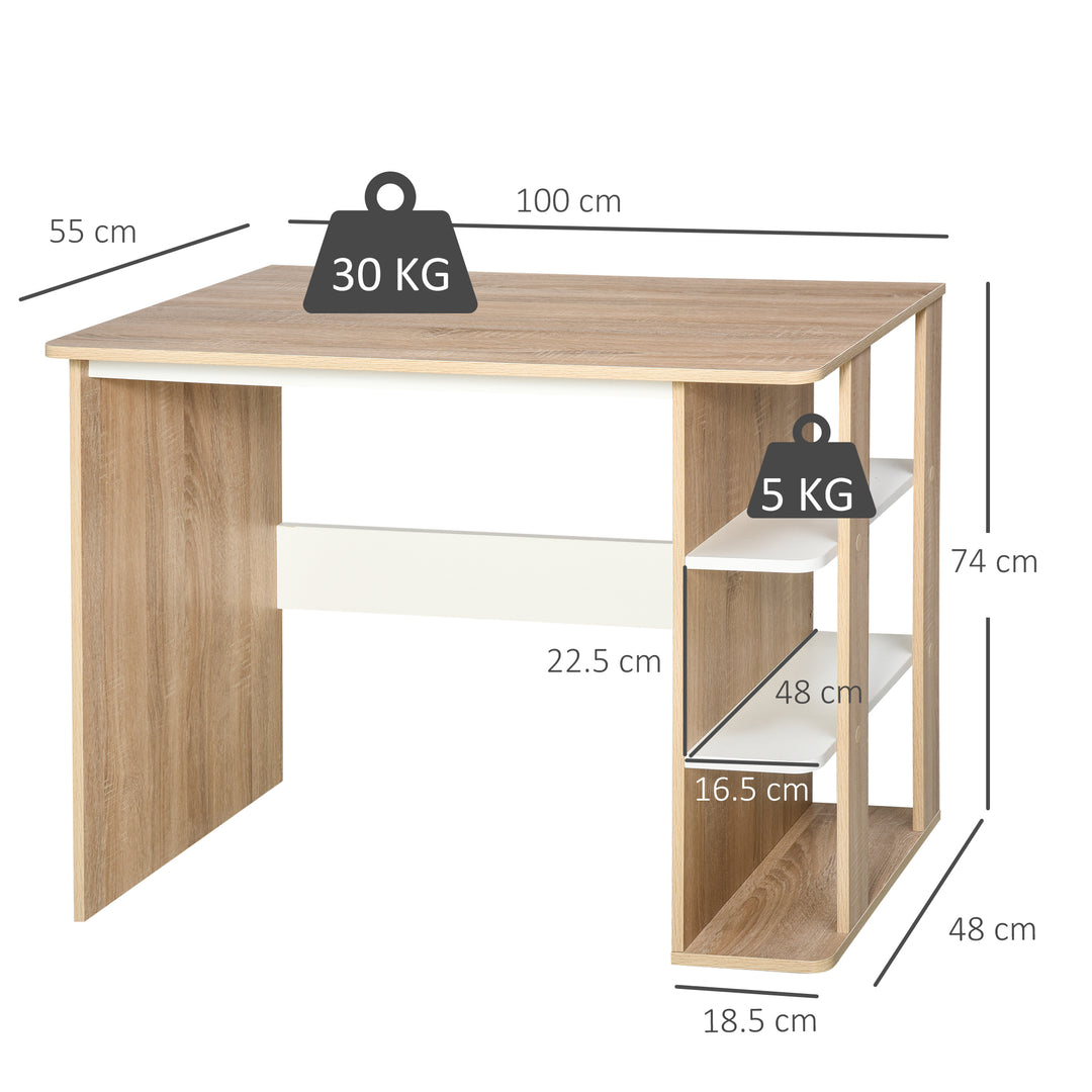 MCL Computer Desk, Writing Desk with 3-Tier Storage Shelf, Work Table for Home Office, Study, Living Room, Oak and White