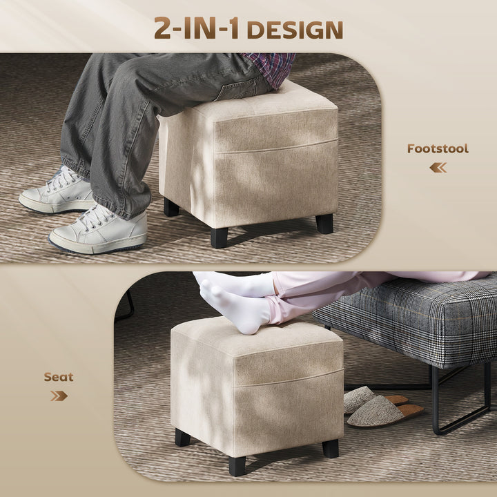 Small Ottoman, Square Footstool with Side Pocket, Rubber Wood Legs and