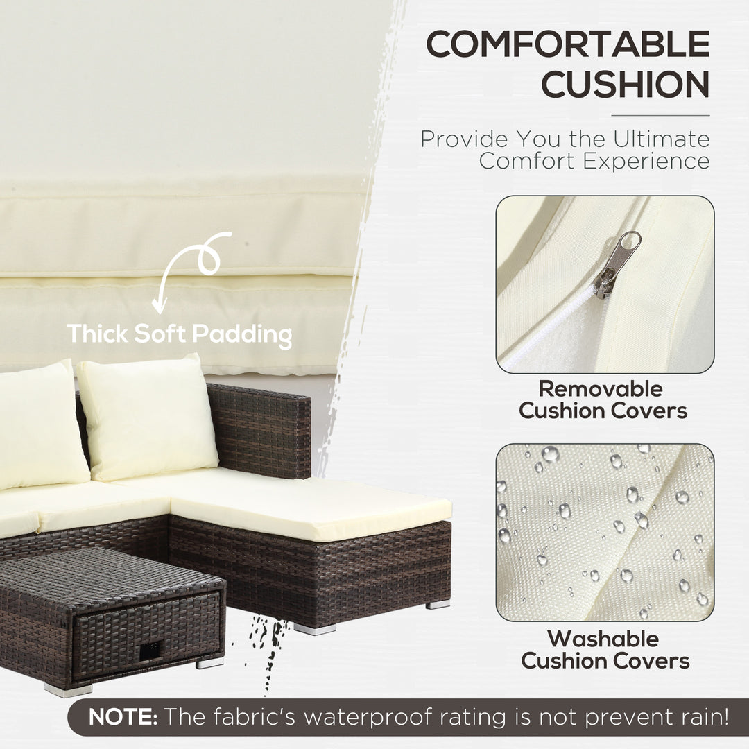 MCL 3 Pieces Rattan Garden Furniture Sofa Set, 4 Seater Garden Corner Sofa with 5-Level Reclining Sun Lounger and Storage Coffee Table, Outdoor Furniture Conservatory Set with Cushions, Brown