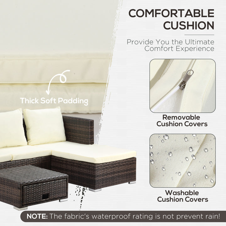 MCL 3 Pieces Rattan Garden Furniture Sofa Set, 4 Seater Garden Corner Sofa with 5-Level Reclining Sun Lounger and Storage Coffee Table, Outdoor Furniture Conservatory Set with Cushions, Brown