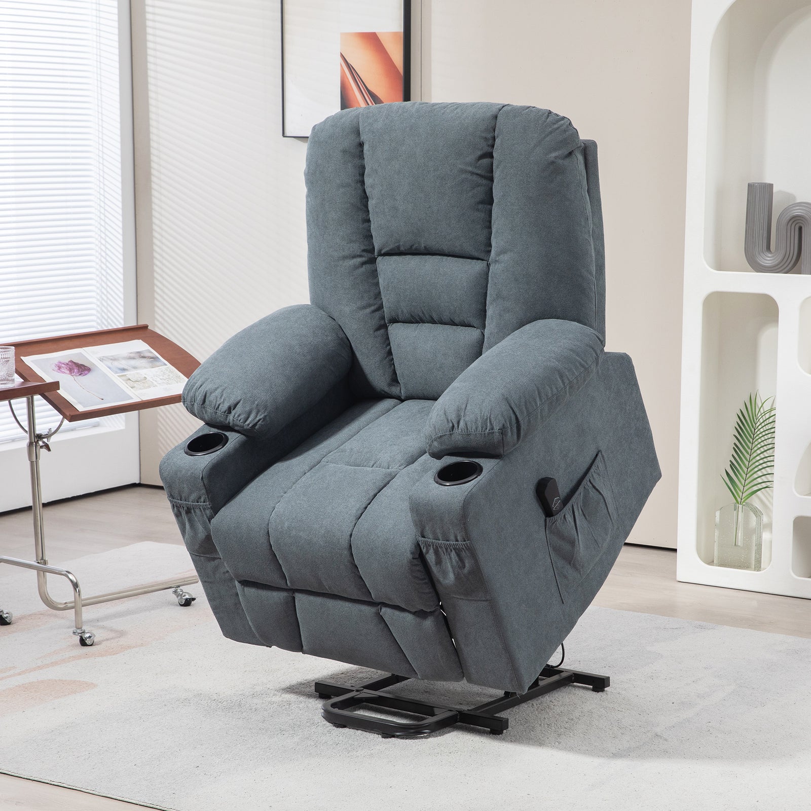 Oversized Riser and Recliner Chairs for the Elderly, Fabric Upholstered Lift Chair for Living Room with Remote Control, Side Pockets, Cup Holder, Grey