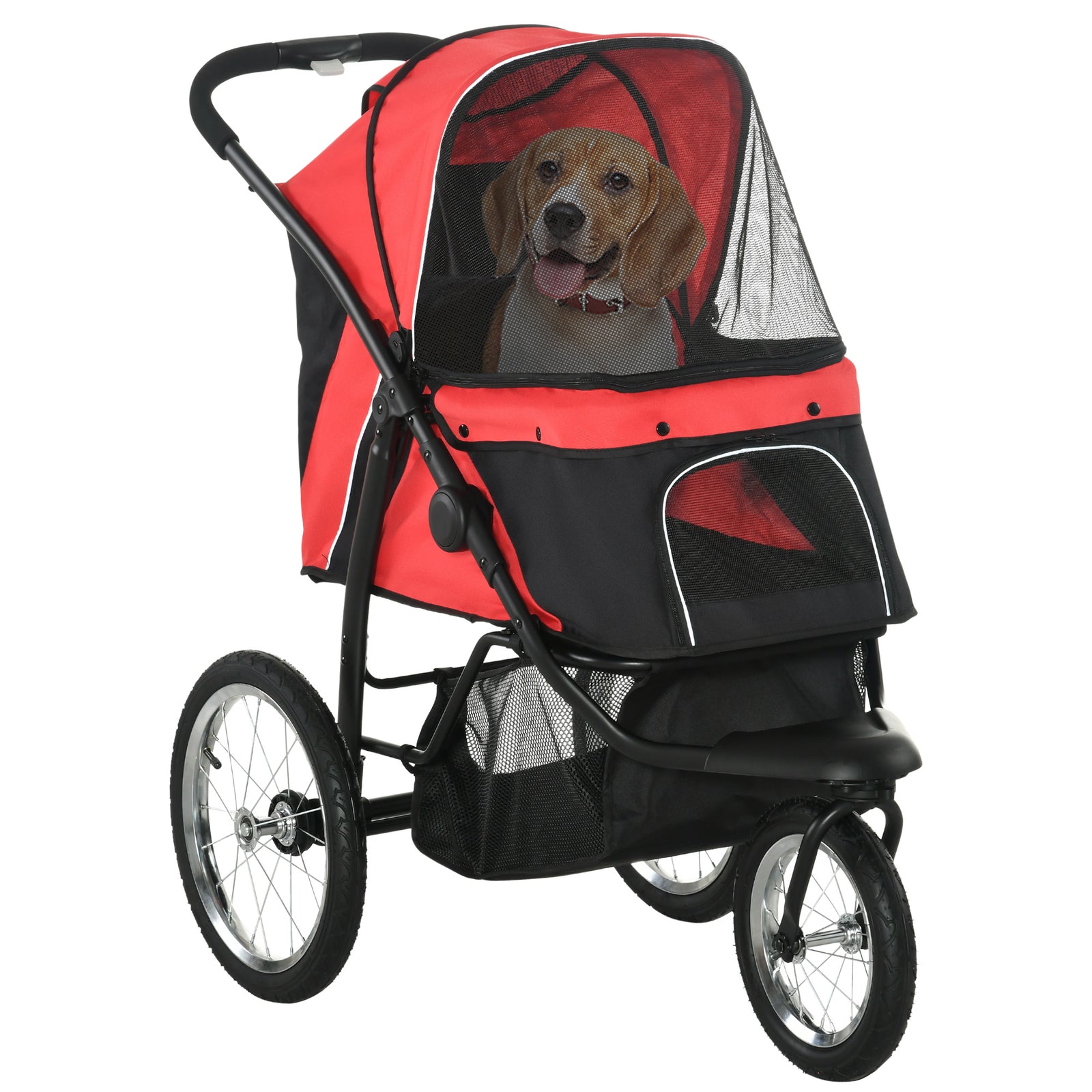 Foldable Pet Stroller with Three Wheels, for Small, Medium Dogs, Red