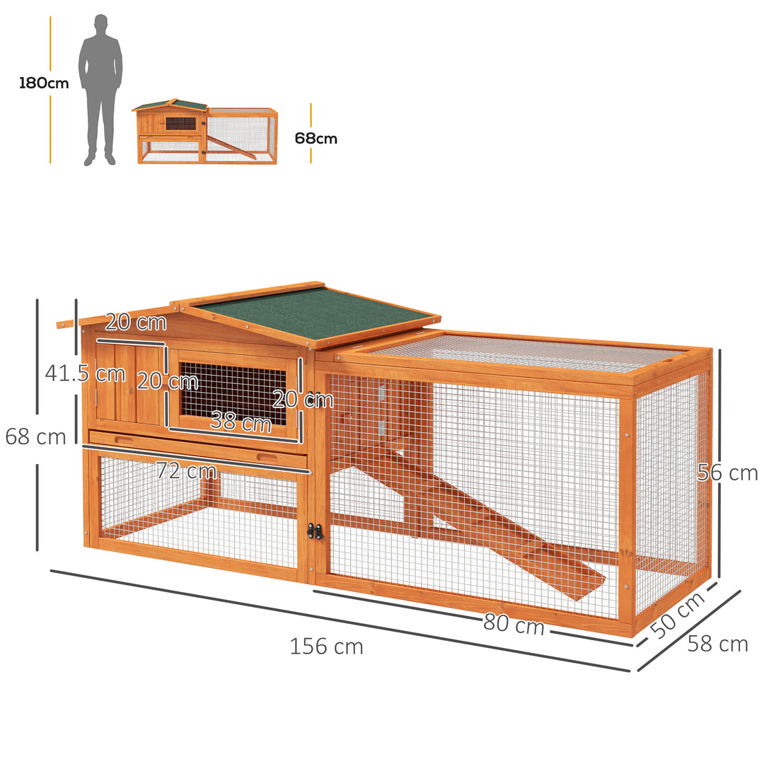 PawHut Rabbit Hutch and Run Outdoor Bunny Cage Wooden Guinea Pig Hide House with Sliding Tray, Hay Rack, Ramp, 156 x 58 x 68cm