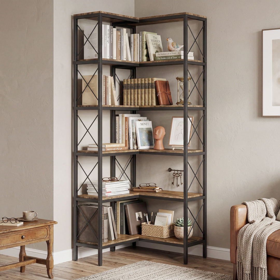 5-Tier L-Shaped Bookshelf, Freestanding Corner Bookcase with Metal Fra