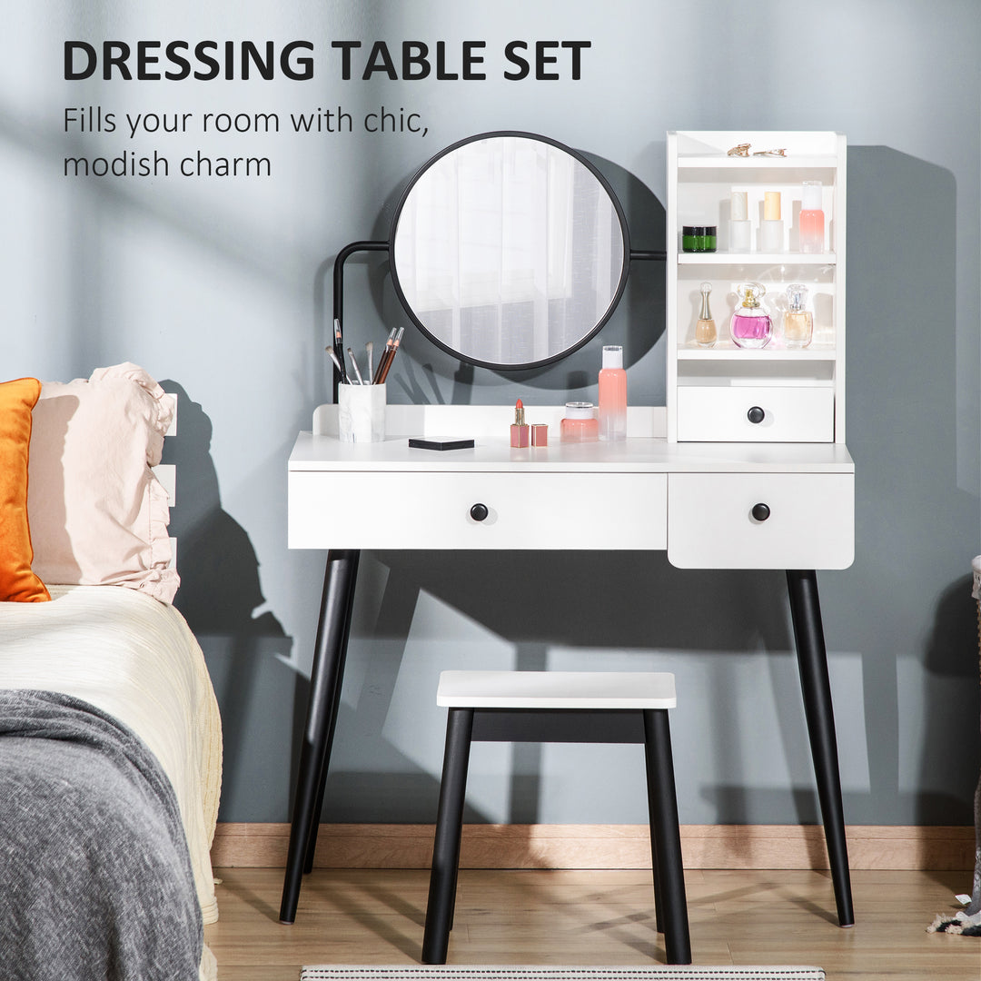 HOMCOM Vanity Dressing Table Set with Mirror and Stool, Makeup Table with 3 Drawers and Open Shelves, White | Aosom UK