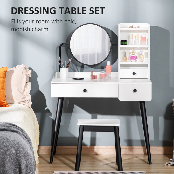 HOMCOM Vanity Dressing Table Set with Mirror and Stool, Makeup Table with 3 Drawers and Open Shelves, White | Aosom UK