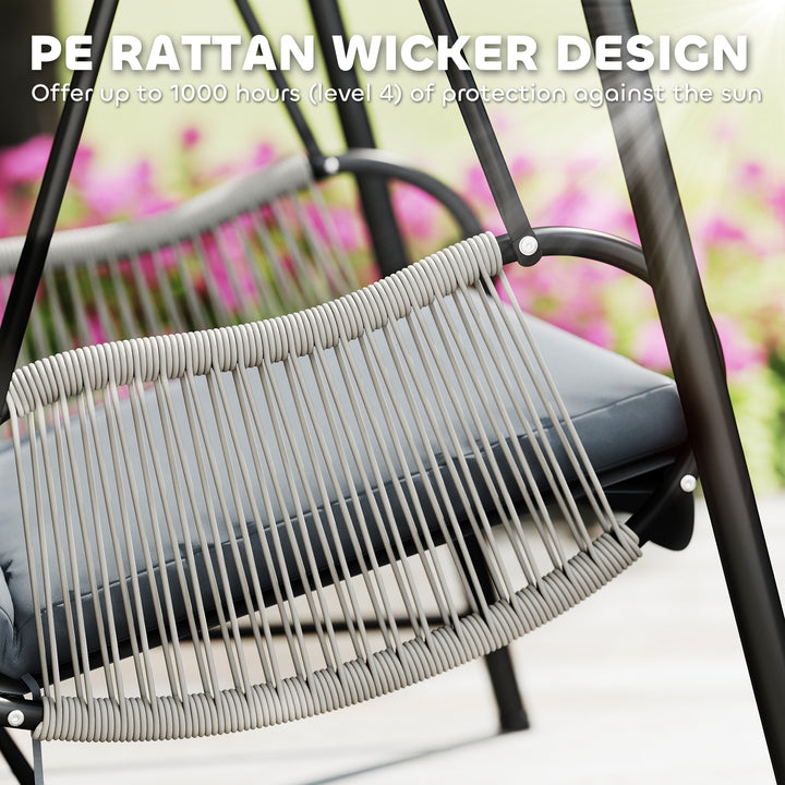 Rattan Swing Chair, Outdoor Garden Hanging Swing Seat with Stand and Seat Cushion, Porch Hanging Chair for Balcony, Garden, Deck, Light Grey