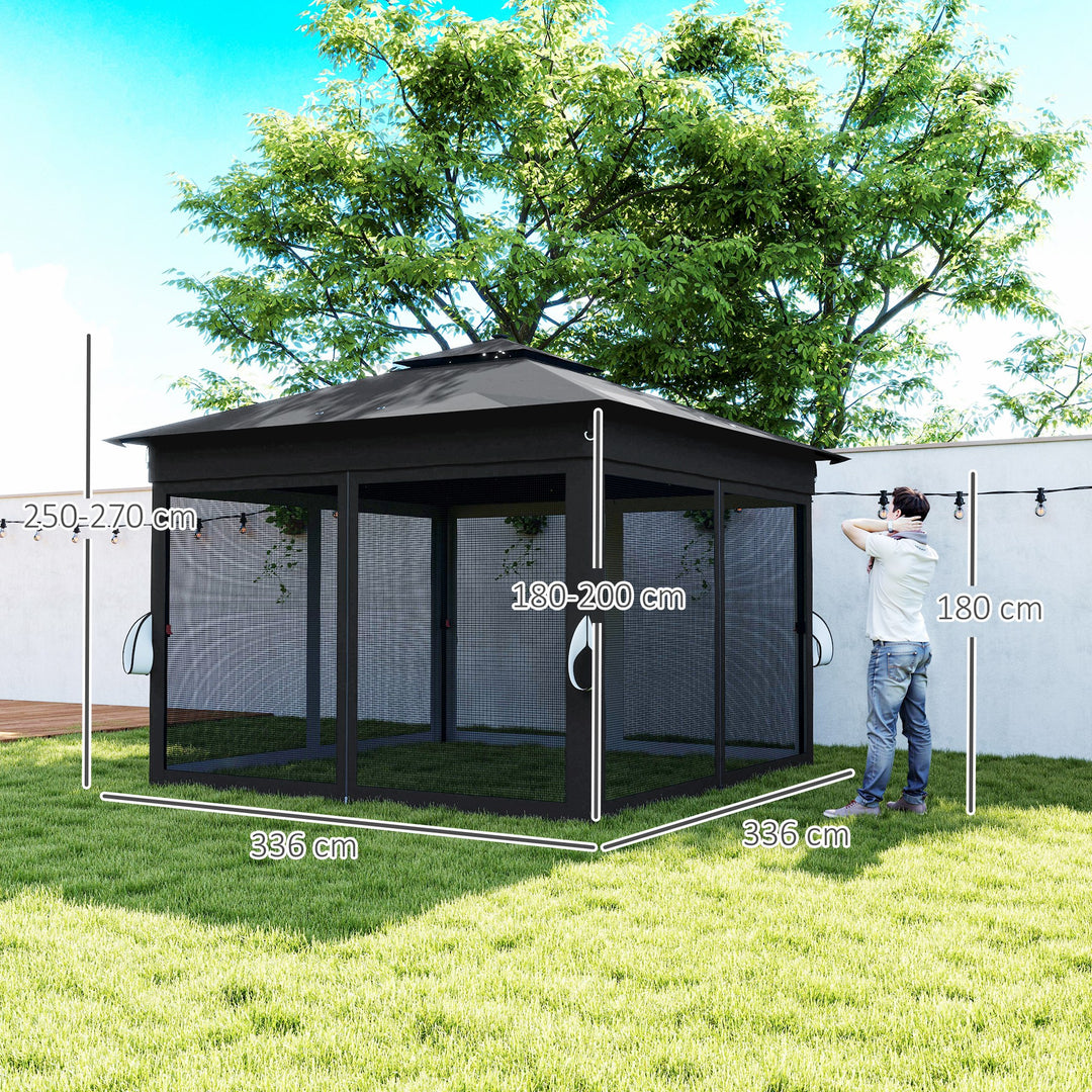 3 x 3(m) Pop Up Gazebo Party Tent with Solar-Powered LED Lights, Adjustable Event Shelter with Netting, Black