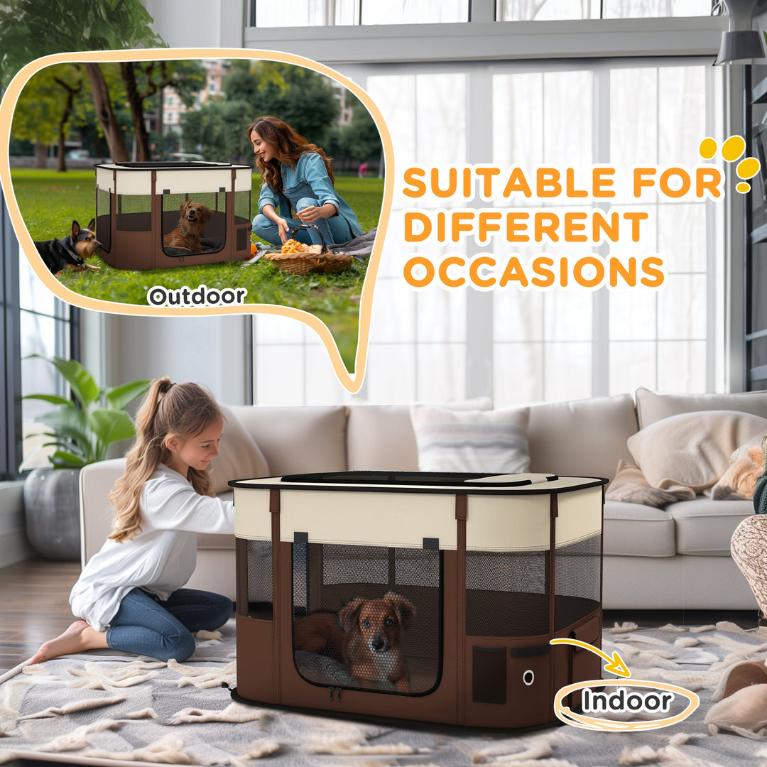 PawHut Foldable Dog Pen with Storage Bag for Indoor/Outdoor Use, Brown | Aosom UK