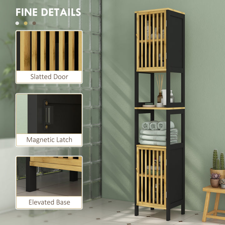 HOMCOM Tall Bathroom Storage Cabinet, Slim Bamboo Bathroom Cabinet with 2 Open Compartments, 2 Slatted Doors and Adjustable Shelves, Black | Aosom UK