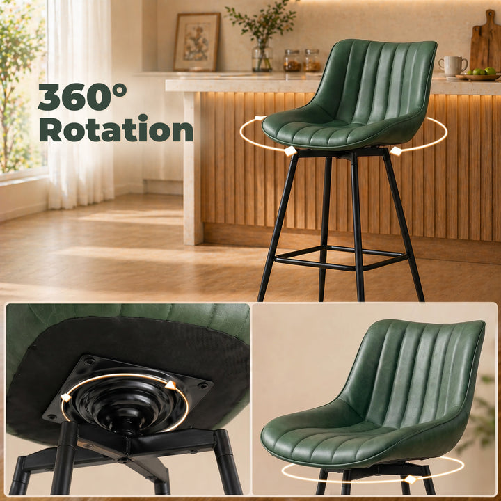 Set of 2 PU Leather Swivel Bar Stools - Dark Green