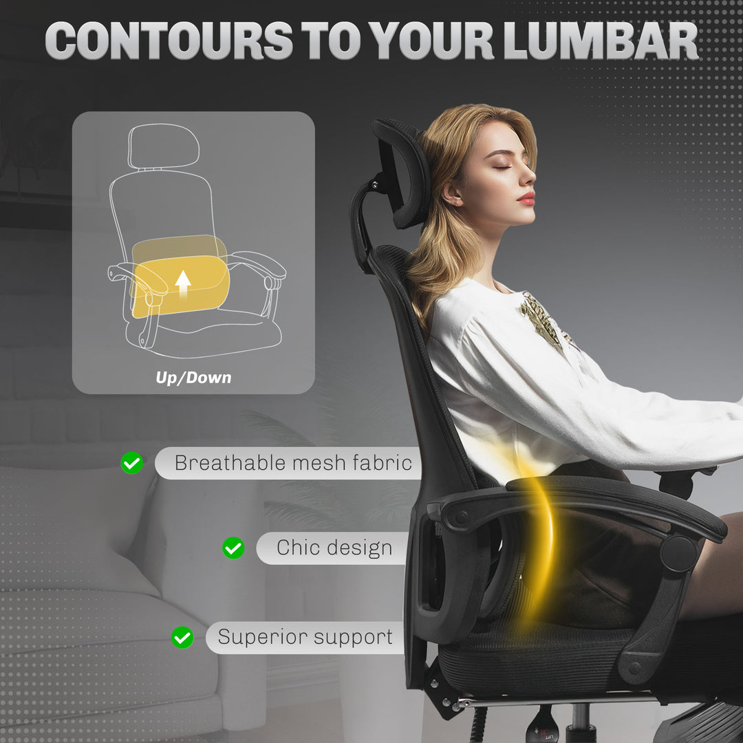 Ergonomic Office Chair, Mesh High Back Desk Chair with Adjustable Lumbar Support and Headrest, Footrest, Reclining Executive Swivel Computer Chair for Home Study, Black