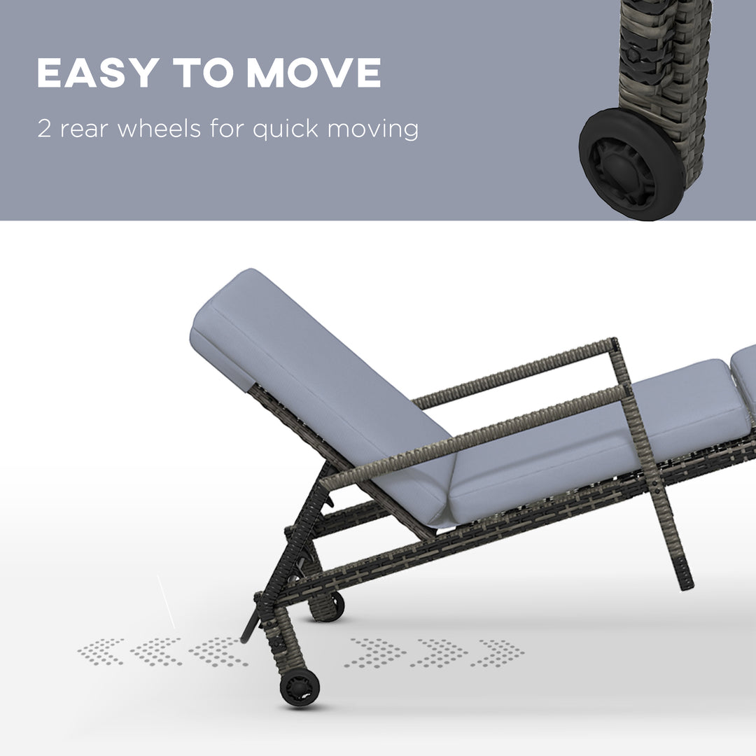 Outdoor PE Rattan Sun Lounger, 5-Level Adjustable Backrest Wicker Outdoor Chaise Recliner, Garden Chair with 2 Wheels, Mixed Grey