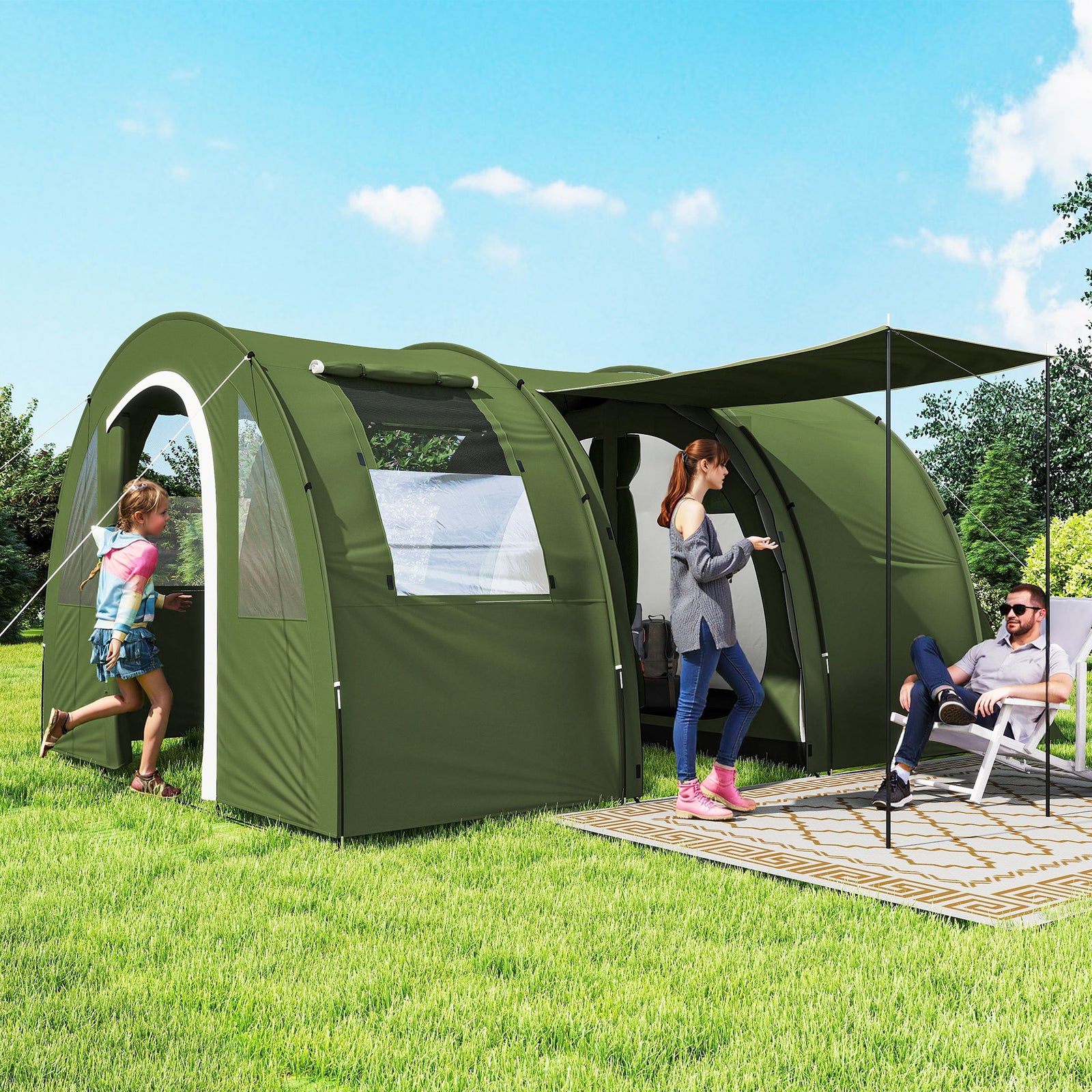 5-6 Man Camping Tent with 2 Room, Floor and Carry Bag - Green