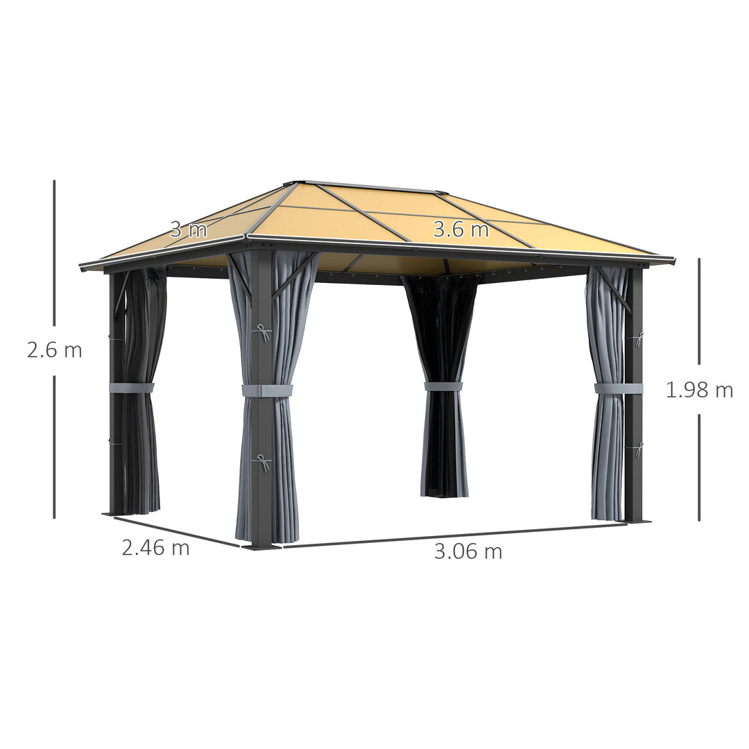3 x 3.6m Garden Aluminium Gazebo Hardtop Roof Canopy Marquee Party Tent Patio with Mesh Curtains & Side Walls - Grey