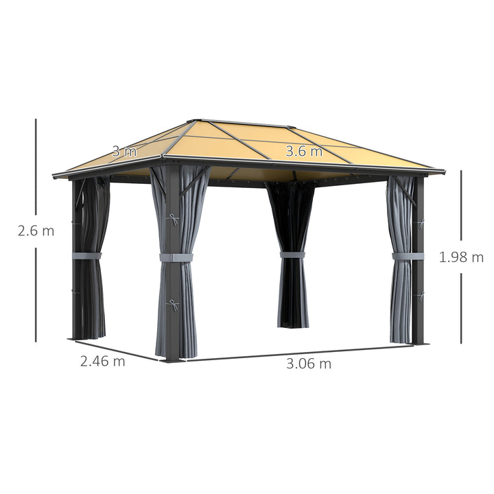 3 x 3.6m Garden Aluminium Gazebo Hardtop Roof Canopy Marquee Party Tent Patio with Mesh Curtains & Side Walls - Grey