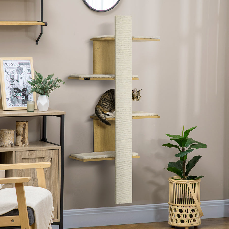 Four-Layer Wall-Mounted Shelf, with Cushions, Scratching Board - Oak Tone
