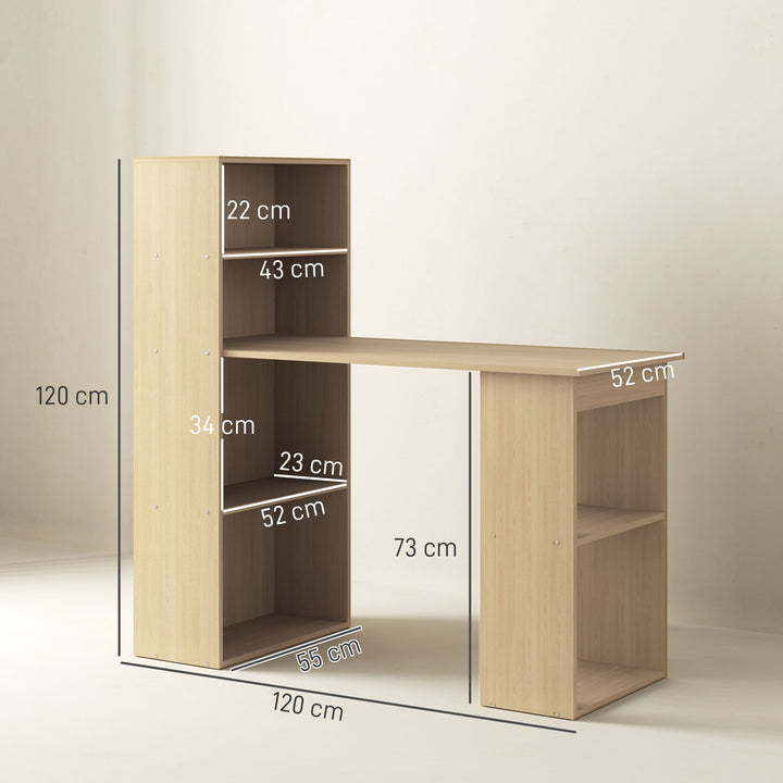 120cm Computer Desk, Wooden PC Laptop Table with 6-Tier Storage Bookshelves, Home Office Working Study Desk, Writing Workstation, Natural Wood