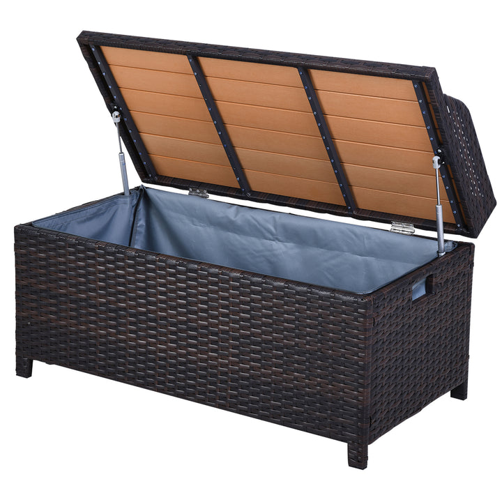 Outsunny Waterproof Rattan Wicker Outdoor Storage Bench with Cushion, Brown, Patio PE Rattan, Elegant Seating and Storage Solution | Aosom UK