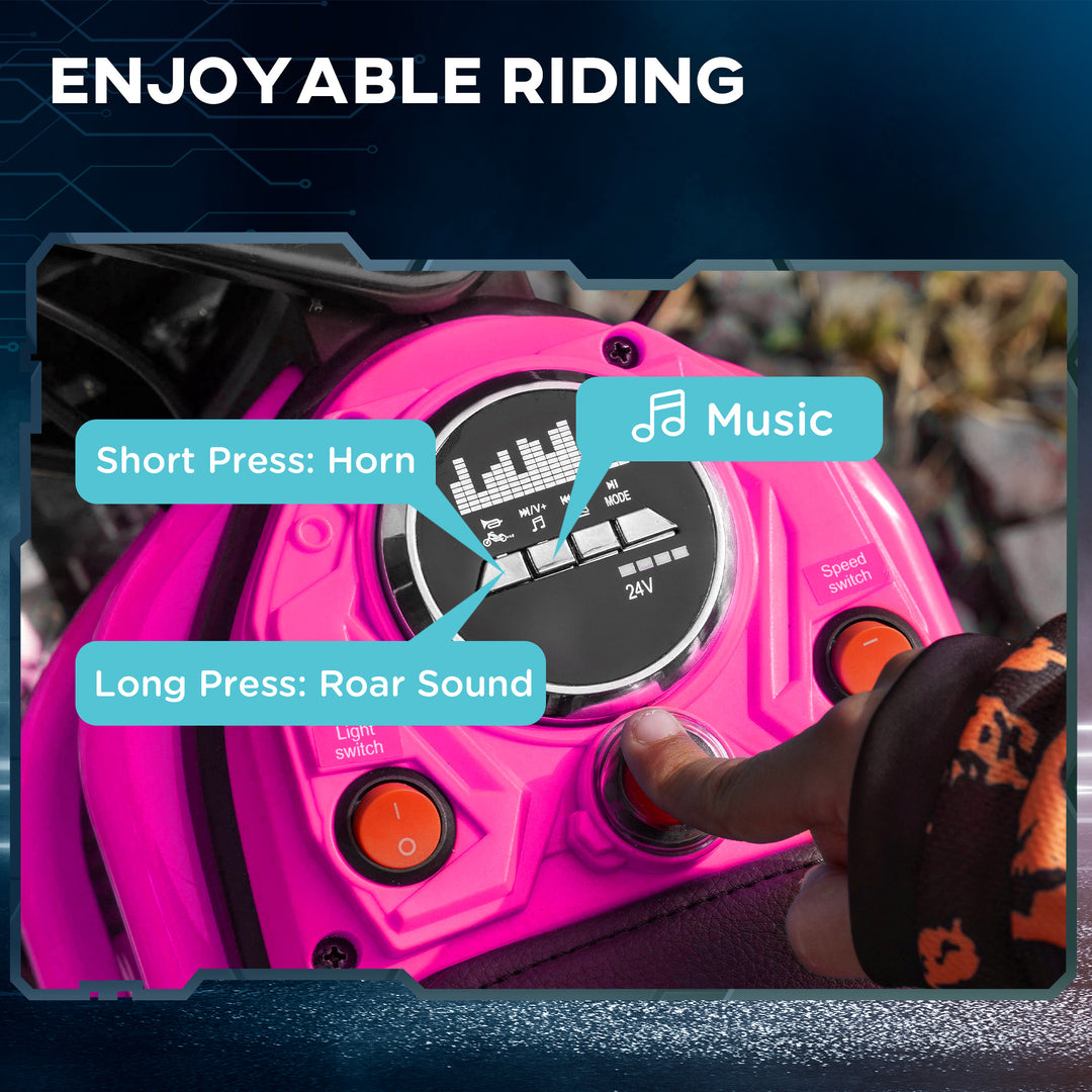 24V Electric Motorbike with Twist Grip Throttle, Music, Horn, 12" Pneumatic Tyres, 16km/h Max Speed - Pink
